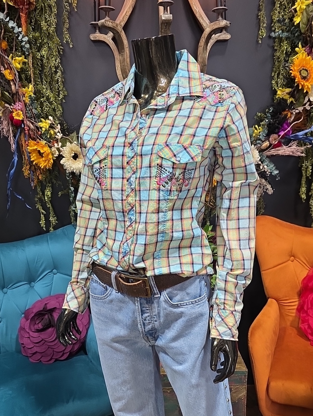 Rock & Roll Cowgirl Plaid Western Button-Down Shirt w/ Embroidery & Beading